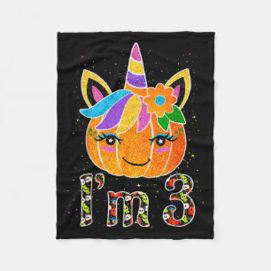 3 Years Old Unicorn Pumpkin Cute Design Birthday H Fleece Blanket