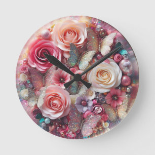 3D Abstract Glitter Roses & Butterflies Round Clock