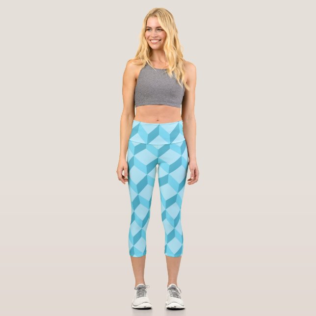 3D Aqua Blue Cubes Geometric Capri Leggings (Front)