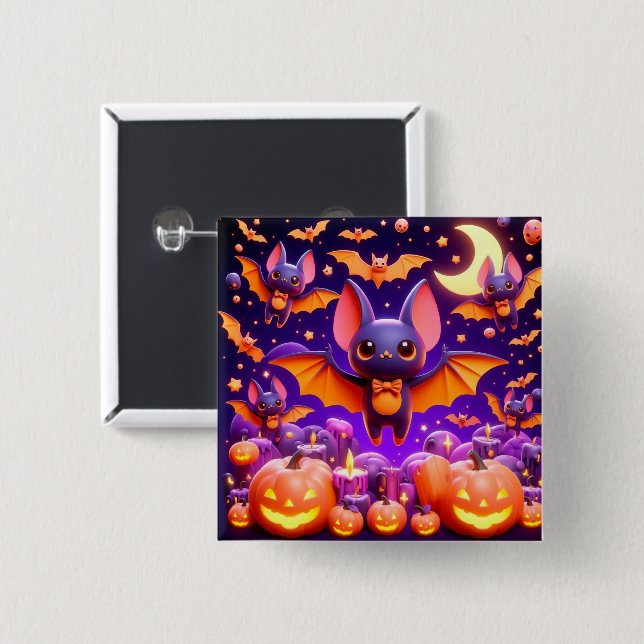 3D bats pumpkins halloween 2 Inch Square Button (Front & Back)
