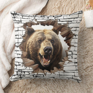 3D Bear Wall Break Art – Realistic Safari Throw Pillow