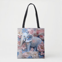 3D Blue Elephant Tote Canvas Bag with Flowers