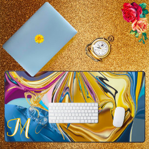 3D Blue Gold Stone Shape Monogram Liquid Abstract  Desk Mat