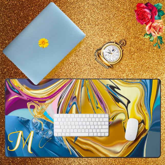 3D Blue Gold Stone Shape Monogram Liquid Abstract  Desk Mat (Creator Uploaded)