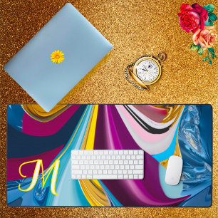 3D Blue Purple Gold Monogram Liquified Abstract Desk Mat