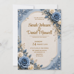 3D Blue Rose Wedding Invitation Template Elegant