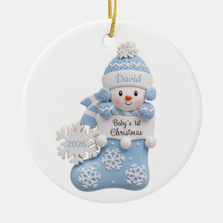3D Blue Snowman Stocking Baby 1st Christmas Ceramic Ornament