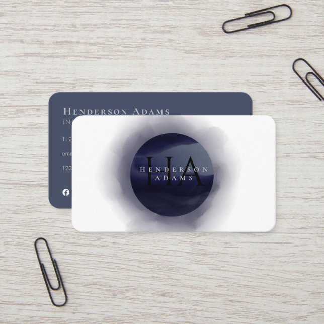 3D Blue White Watercolor Monogram Logo Business Card (Front/Back In Situ)