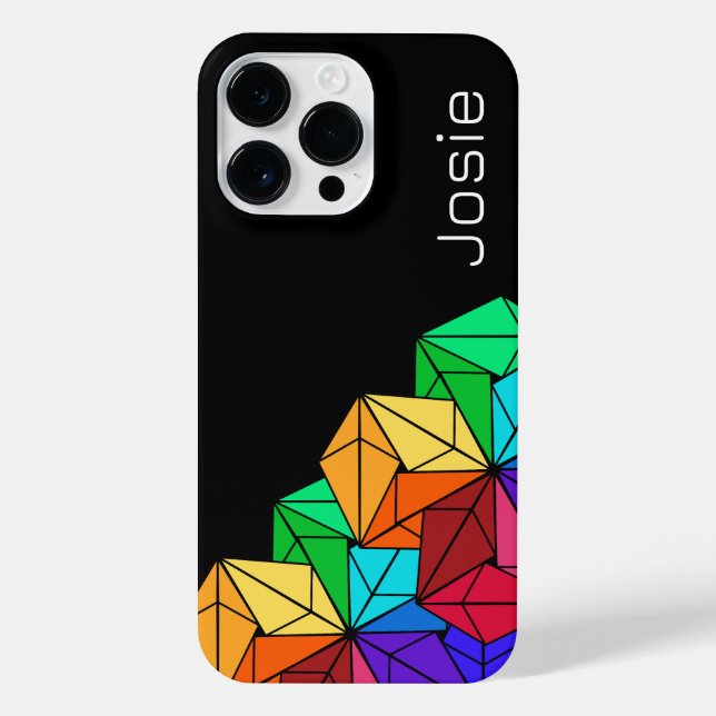 3D Bright Rainbow Cube Triangles on Black Add Name iPhone Case (Back)