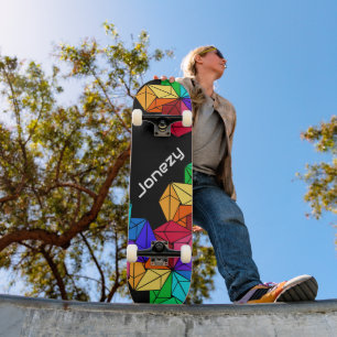 3D Bright Rainbow Cube Triangles on Black Add Name Skateboard