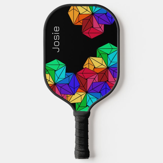 3D Bright Rainbow Random Cubes on Black Add Name Pickleball Paddle (Front)