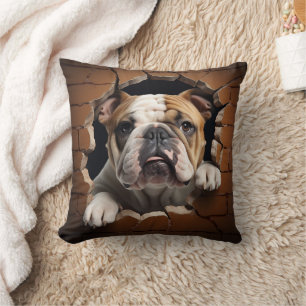 3D Bulldog Cracked Hole Brick Wall Throw Pillow