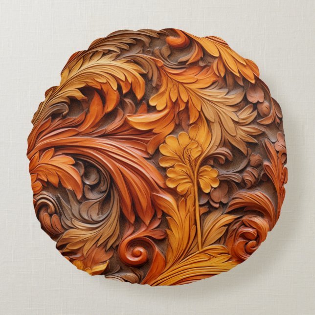 3d burnt orange floral round pillow (Front)