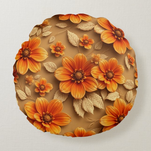 3d burnt orange flowers throw pillow, round pillow (Front)