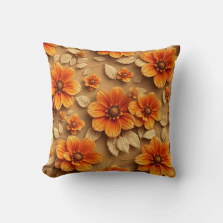 3d burnt orange flowers throw pillow, throw pillow