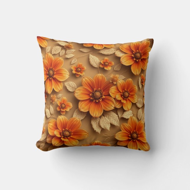 3d burnt orange flowers throw pillow, throw pillow (Front)