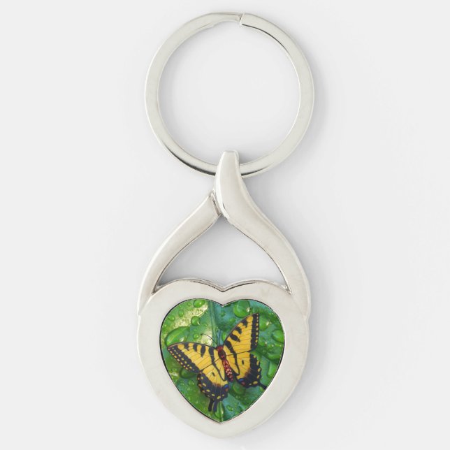 3D Butterfly on Green Leaf with Raindrops Keychain (Front)
