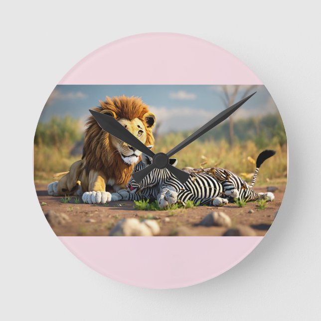 3D Cartoon Lion Eating Zebra – Wild Savannah Scene Round Clock (Front)