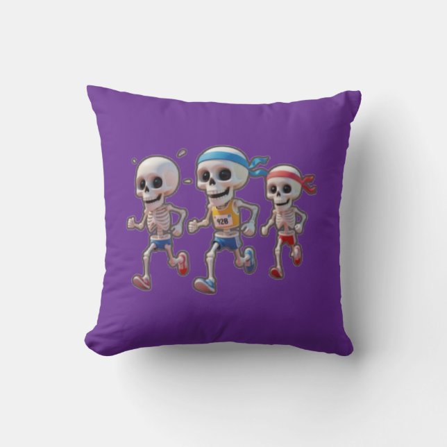 “3D Cartoon Skeleton Race • Funny Running Skeleton Throw Pillow (Front)