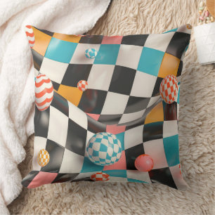 3D Checkerboard Grid with Floating Spheres (2) Throw Pillow