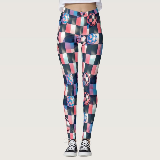 3D Chequerboard Grid with Floating Spheres Pattern Leggings (Front)