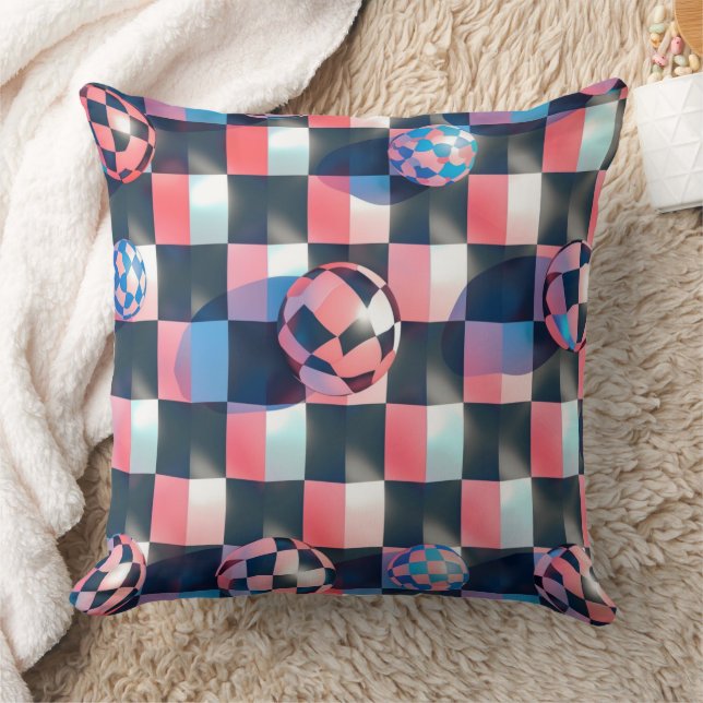 3D Chequerboard Grid with Floating Spheres Pattern Throw Pillow (Blanket)