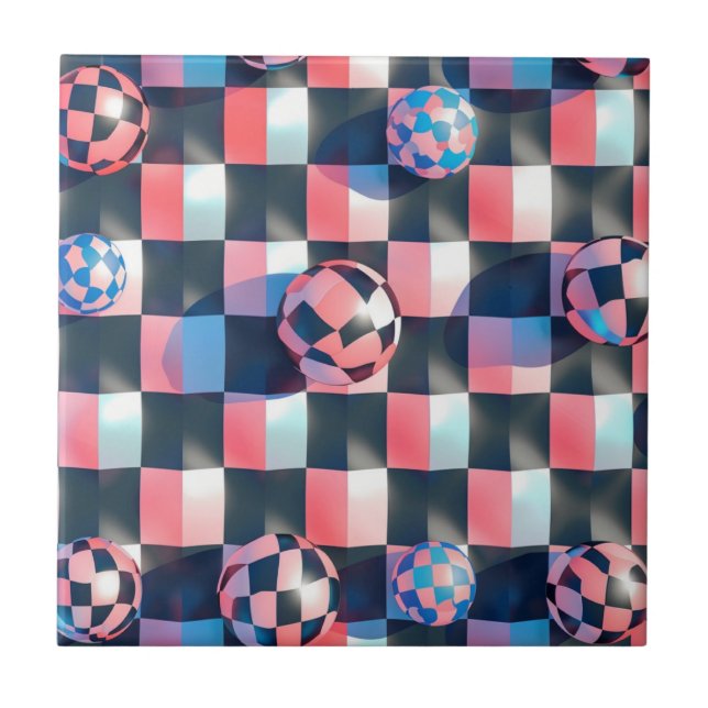 3D Chequerboard Grid with Floating Spheres Pattern Tile (Front)