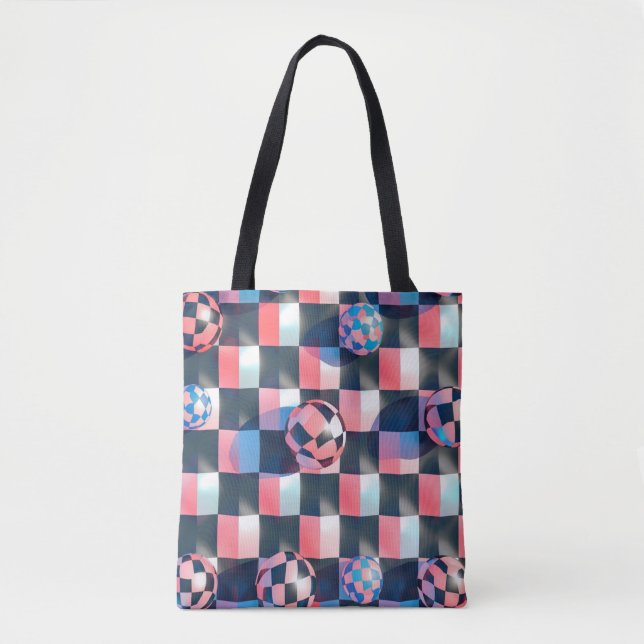 3D Chequerboard Grid with Floating Spheres Pattern Tote Bag (Front)