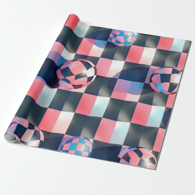 3D Chequerboard Grid with Floating Spheres Pattern Wrapping Paper (Unrolled)