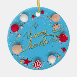 3D Christmas Baubles Image Blue Background  Ceramic Ornament
