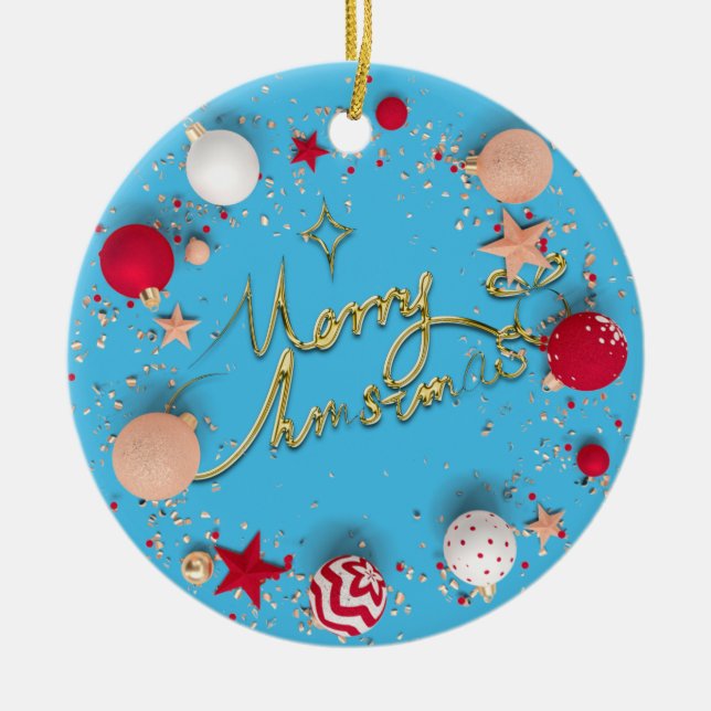 3D Christmas Baubles Image Blue Background  Ceramic Ornament (Front)