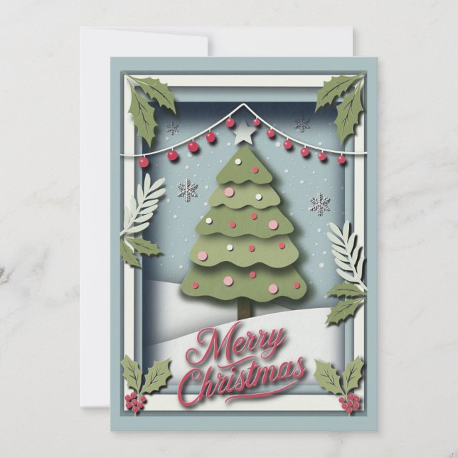 3d Christmas Card with Festive Tree and Holly (Front)