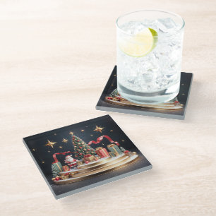 3D Christmas podium with Santa and Christmas tree Glass Coaster