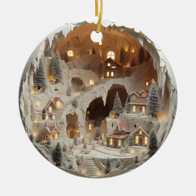 3D Christmas Village Snowy  Ceramic Ornament (Front)