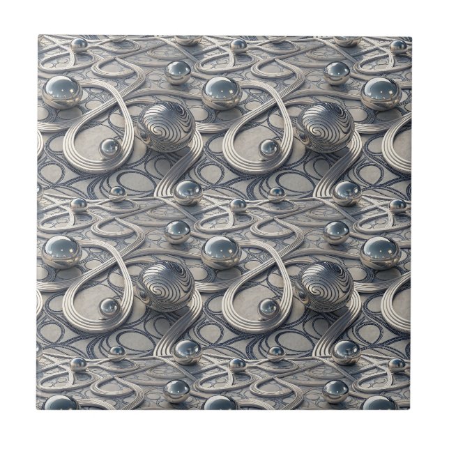 3D Chrome Spheres Abstract Futuristic Pattern Art Tile (Front)