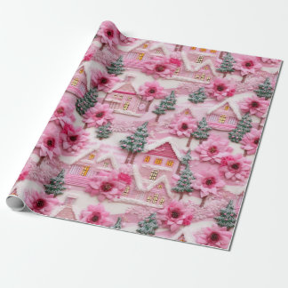 3d Clay Pink Christmas Poinsettia Village Wrapping Paper