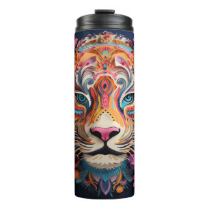 3D Colourful Tiger & Flowers Design Thermal Tumbler