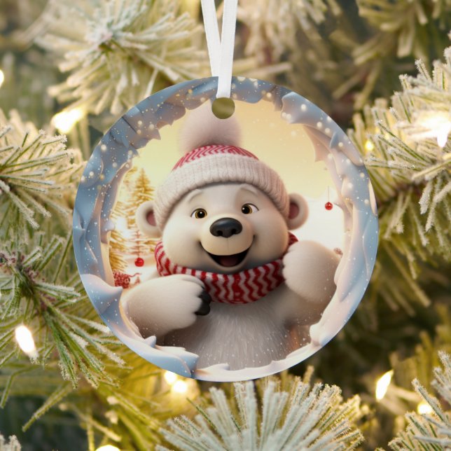 3D Cute Festive Winter Christmas Polar Bear Metal Ornament (Insitu)