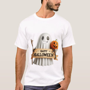 3D Cute Ghost with Happy Halloween Sign & Pumpkin  T-Shirt