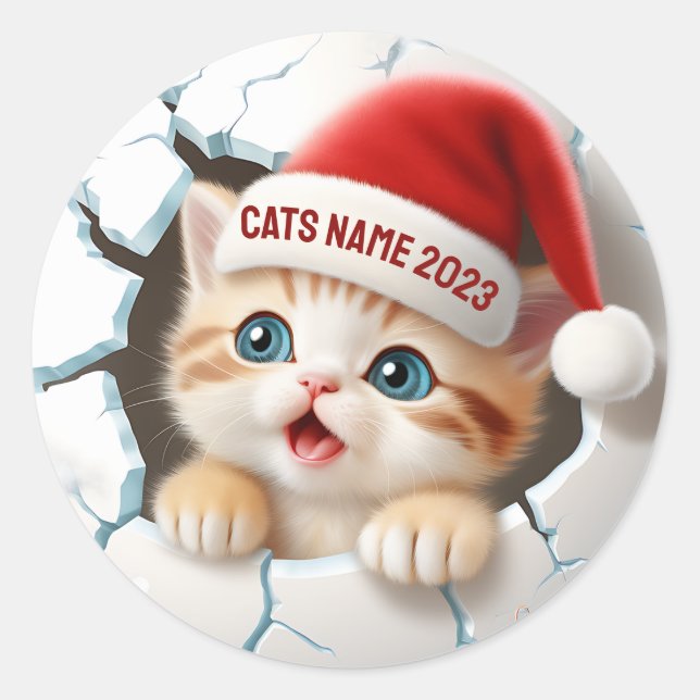 3D Cute Kitten in Santa's Hat for Christmas Classic Round Sticker (Front)