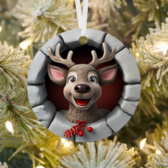 3D Cute Reindeer Festive Christmas Holiday Metal Ornament (Insitu)