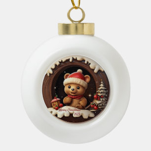 3D Cute Teddy Bear with Santa Hat Ceramic Ball Christmas Ornament