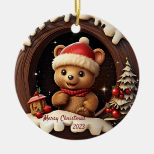 3D Cute Teddy Bear with Santa Hat Ceramic Ornament