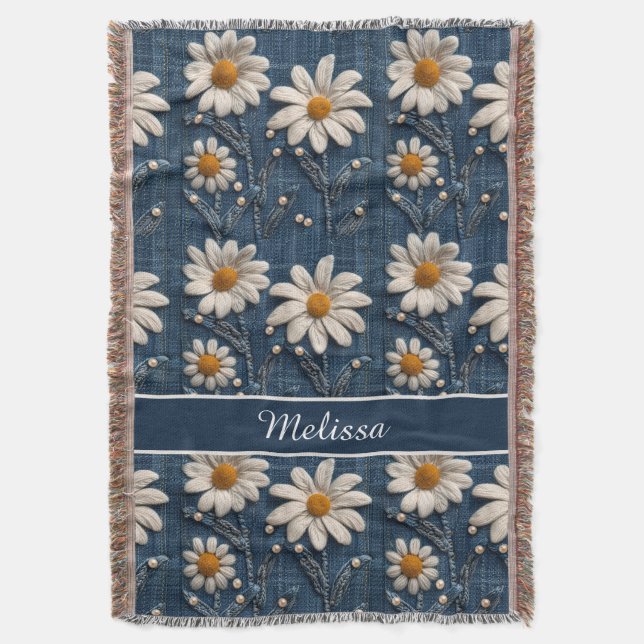3D Daisy Embroidery Denim Custom Blanket  (Front Vertical)