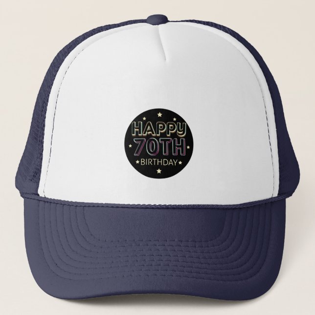 3d dark colourful round happy 70th birthday trucker hat (Front)