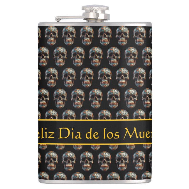 3D Day of the Dead skull, custom Hip Flask (Front)