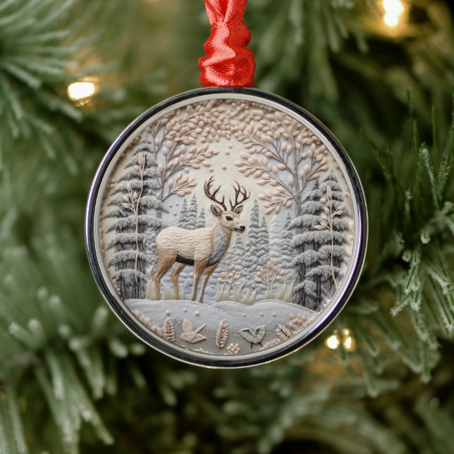 3D Deer in Winter Wonderland Christmas Metal Ornament (Tree)
