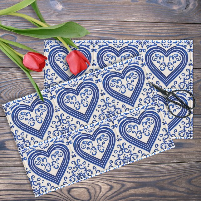 3D Delft Tile Look Romantic Hearts - Blue on Cream Tissue Paper (Creator Uploaded)