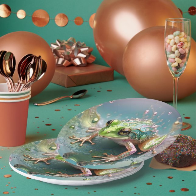 3D Dimensional Green Fractal Art Frog, Paper Plate (Multi)