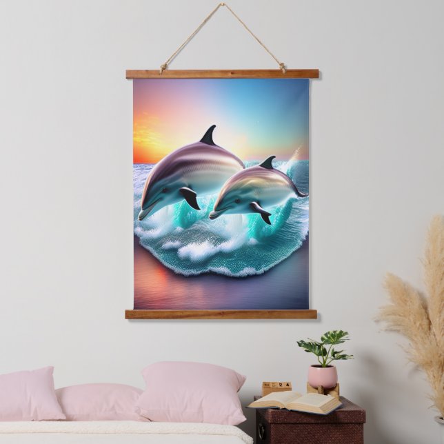 3D Dolphins Ocean Sunset Tropical Beach Vibe  Hanging Tapestry (Bedroom)